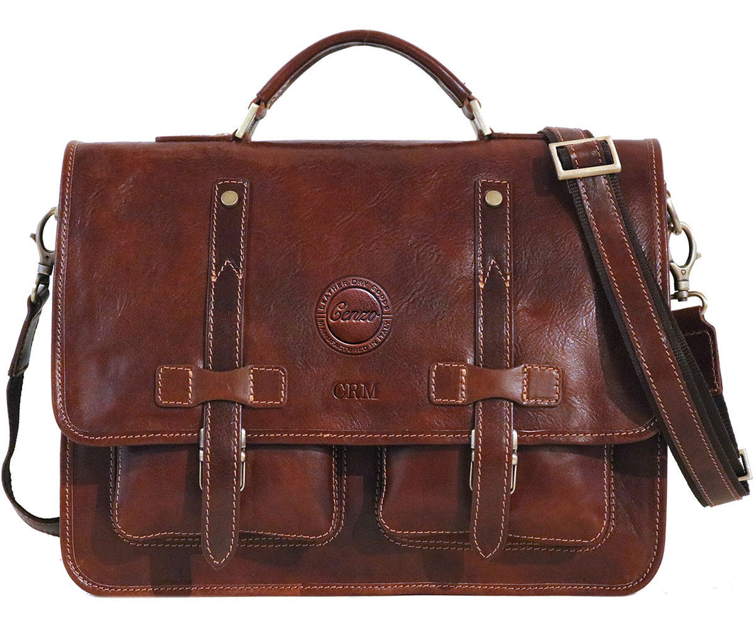 Cenzo Italian Leather Backpack Briefcase Convertible front monogram